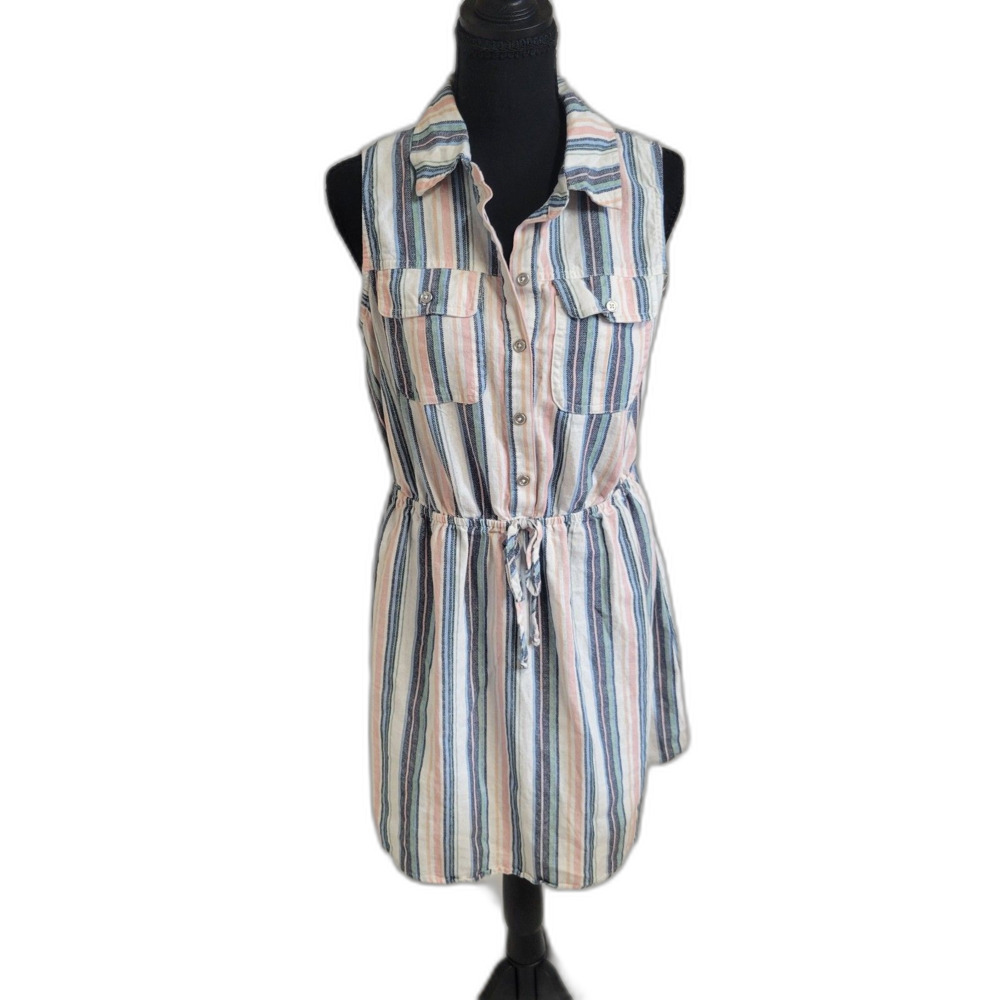 Sleeveless Striped Utility Linen Blend Dress Drawstring Waist & Pockets Size L